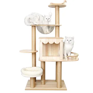 Wooden Cat Tree for Large Big Cat Tower with Condo Cozy Cat Plush Perches Scratching Posts and Climbing Activity