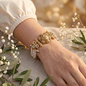 Classic Brass Gold Plated Imitation Pearl Strand Floral <b>Charm</b> <b>Bracelet</b> Women Ethnic Temple Jewellery Designer Gift - Product Image 3