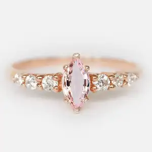 Engagement Minimalist Design Marquise Cut Pink Morganite S925 Silver Women Jewelry Ring