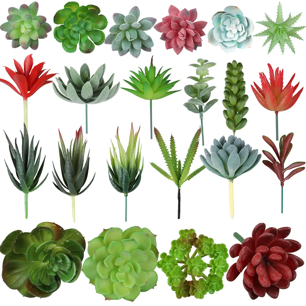 Mini mélange de plantes succulentes artificielles, 20 pièces, fausses plantes, vert floqué, différentes tailles