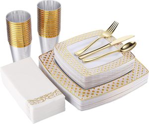175 pièces ensembles de vaisselle carrés pâtés avec couverts vaisselle jetable en plastique robuste avec bordure en dentelle dorée pour la fête de mariage - Product Image 3