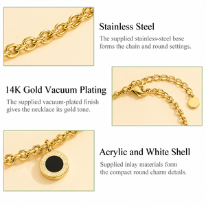 Collar de Acero Inoxidable con Disco Negro, Concha Blanca Acrílica y Siete Dijes, Chapado al Vacío en Oro de 14K - Product Image 3