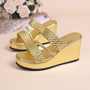 Sandales compensées dorées pour femmes à lanières tressées effet croco, <span class=keywords><strong>mules</strong></span> à plateforme à bout ouvert, à enfiler, chaussures décontractées pour l'été, la plage et les soirées - Product Image 6