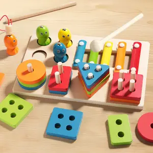Montessori Toy 3 in 1 Wooden Sorting Stacking Blocks with Fishing Sensory Educational Toys for Toddlers Stacking Toys