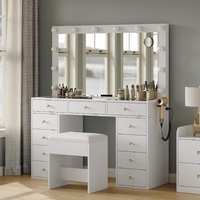 Coiffeuse moderne en bois massif avec miroir éclairé et prise de courant, table de maquillage avec tiroirs, bureau à plateau en verre avec LED pour chambre à coucher