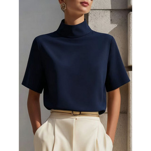 Blus Wanita Elegan Satin Kerah Mock Neck Lengan Pendek Model Batwing Longgar Kemeja Kantor Warna Solid Mewah Atasan Kasual Bisnis - Product Image 3