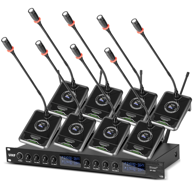 Biner DF208 Uhf 8 Channels Professional Desktop Uhf Wireless Gooseneck Microphone for Conference Room