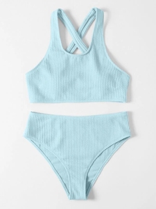 Liso acanalado espalda correas cruzadas descarado trasero Pretty Girls trajes de baño 2 piezas Bikini traje de baño ropa de playa traje de baño de cintura alta - Product Image 3