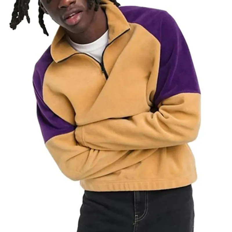 Custom Color Block Fleece Hoodie Zip Collar Sweatshirt Quarter 1/4 Zip Neck Basic Warm Sweatshirt