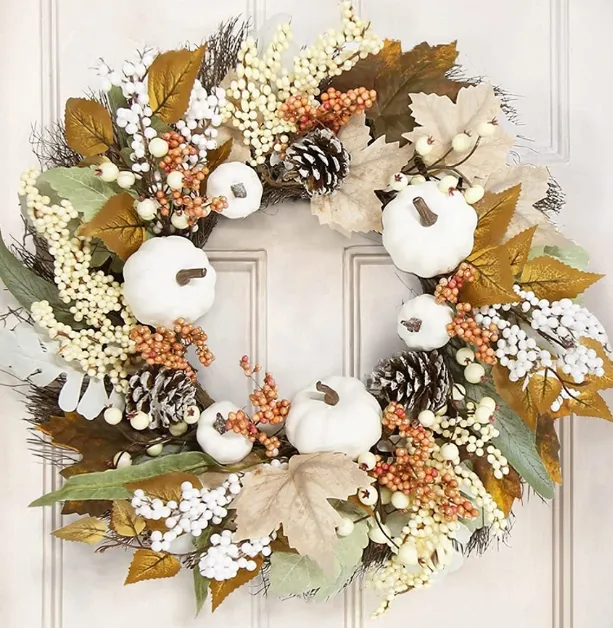 Thanksgiving grinalda simulação branco abóbora maple folha porta pendurado outono cor rattan porta decoração