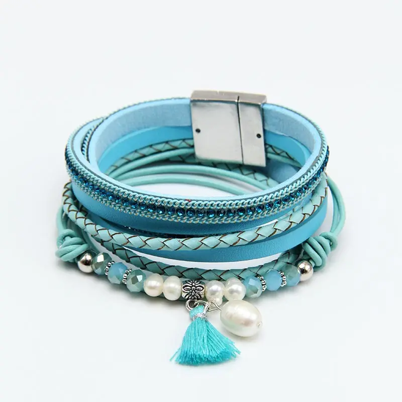 Hovanci pulseira de couro trançado magnética, nova pulseira com multi camadas de cristal de pérola com borla azul, fivela magnética, acessórios para mulheres 2020