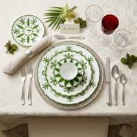 Ensemble d'assiettes en céramique motif palmier tropical, vaisselle en porcelaine vintage à motif botanique, vente en gros pour mariages, restaurants et détaillants