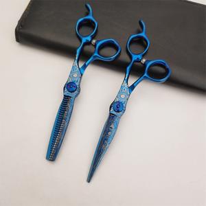 กรรไกรตัดผมลายดามัสกัสสีน้ำเงิน LS-6 กรรไกรซอยผม สแตนเลส ใบมีดคม ด้ามยาว 62 มม. ผลิตที่ซูโจว - Product Image 4