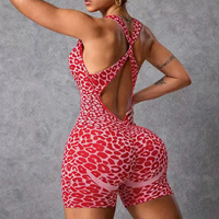 Combinaison de yoga une pièce pour femme, imprimé léopard, dos nu, effet froncé aux fesses, avec logo personnalisé, pour la gym, l'entraînement et le fitness