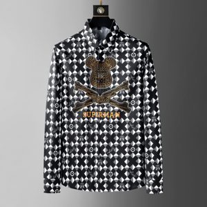 <span class=keywords><strong>เสื้อ</strong></span>เชิ้ตแขน<span class=keywords><strong>ยาว</strong></span>สไตล์วินเทจสำหรับผู้ชาย ลายพิมพ์เรขาคณิตสีดำขาวโดดเด่น พร้อมลายหัวกะโหลกสไตล์มิกกี้ - Product Image 1