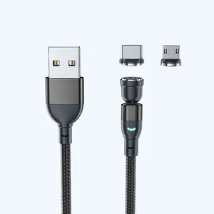 USB 마그네틱 케이블, 나일론 꼰 코드 3in1 360 + 180 마그네틱 충전 케이블 Led 조명