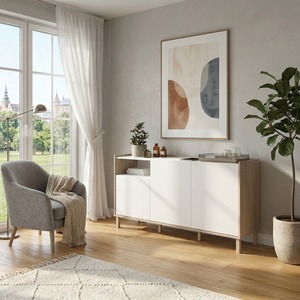 Ensemble de meubles de salon de luxe en chêne nordique et blanc certifié FSC CE avec table basse relevable, <span class=keywords><strong>meuble</strong></span> TV et <span class=keywords><strong>buffet</strong></span> - Product Image 3