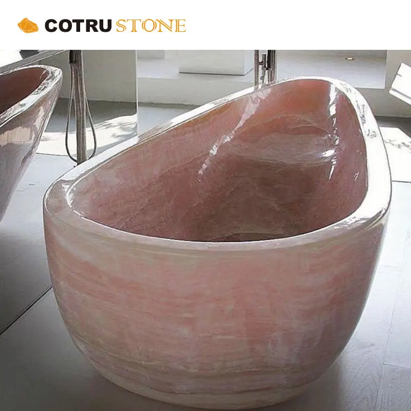 Bak mandi berdiri bebas permukaan padat Batu Kamar Mandi berdiri sendiri bak mandi Onyx merah muda berjalan kustom mewah