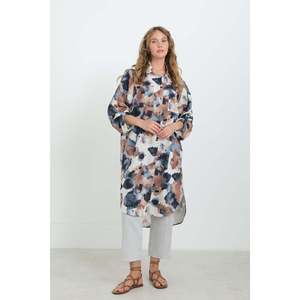 Chemise décontractée longue pour femme, col boutonné, imprimé, coupe oversize -10702TUN-NAVY - Product Image 1