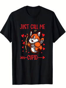 Camiseta Just Call Me Cupid para el Día de San Valentín, negra con corazones rojos, gráfico de dibujos animados, corte regular para hombre, manga corta, cuello redondo - Product Image 1