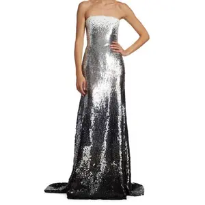 Women's Strapless Sexy Dress Gradient Tight Slim Mopping Fishtail Skirt Elegant Sequin Dress Ball Gown