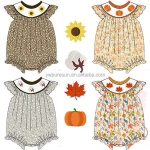 Puresun New Arrival Fall Design Newborn Clothes Little Girls Flutter Sleeve Woven Lined Smocked Applique Girls Bubble Romper