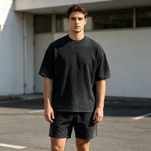 Conjuntos para hombre con logotipo personalizado, conjunto de camiseta negra informal vintage lavada y pantalones cortos rotos, conjunto informal de verano para hombre. - Product Image 6