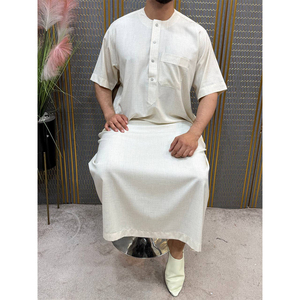 Luxury Soft Cotton Moroccan Prayer <b>Thobe</b> Short Sleeve Round Neck Button Pocket Machine Washable - Product Image 3