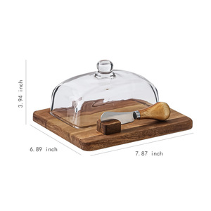 Caja de mantequilla de madera de acacia con cuchillo, tabla de queso, rebanadora, tapa de vidrio para cortar queso, mantequilla, pastel, plato de postre - Product Image 6