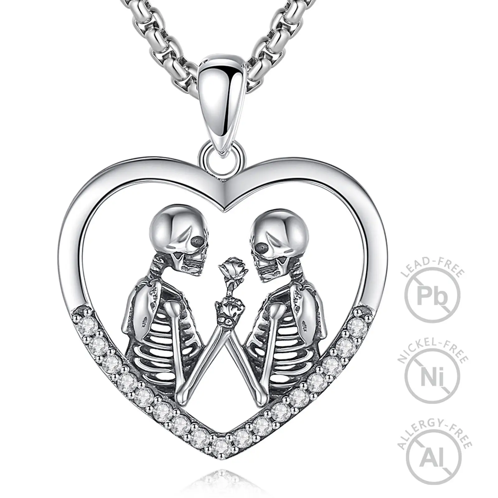 Merryshine Halloween gift vintage 925 Sterling silver gothic jack and sally heart lover skeleton skull necklace for girlfriend