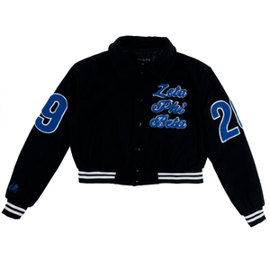 Zeta Phi Beta Sorority Chaqueta de béisbol recortada con bordado griego para mujer Chaqueta de letras con mangas de cuero de cuerpo de lana - Product Image 1