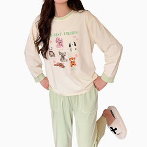 Hsot vente pyjamas antibactérien coton pyjamas femmes, col rond manches longues mince décontracté mignon imprimé coton pyjama - Product Image 1
