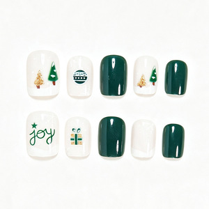 Uñas Postizas Cortas Cuadradas Verde Oliva con Diseño Navideño, Lindas Uñas Postizas con Dibujos Animados de Árbol de Navidad, Brillantes y con Purpurina para Manualidades Navideñas - Product Image 4