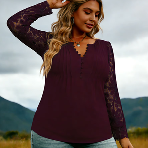 Chemise ample pour femmes grande taille, style européen, sexy, en dentelle, unie, décontractée, à manches longues, printemps, été, automne, bouton, fibre de lait - Product Image 1