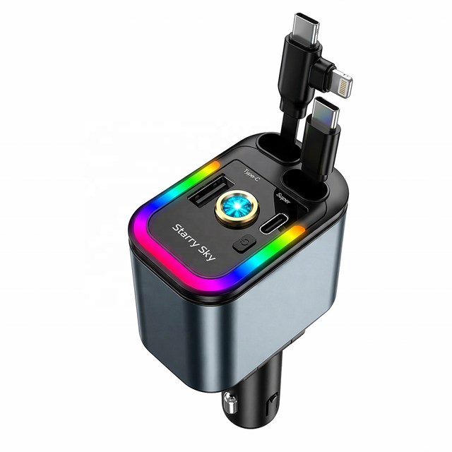 96W 5-in-1 with 2 Retractable Type-C Cables Car Charger with RGB Light and Starry Sky Light Safe Fast CE OEM ODM