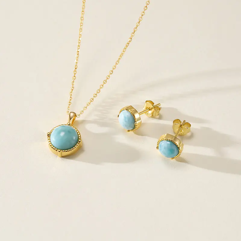 Hadiah ulang tahun kualitas terbaik hadiah pesta 925 perak murni kalung liontin Opal biru bulat berlapis emas 18k untuk wanita