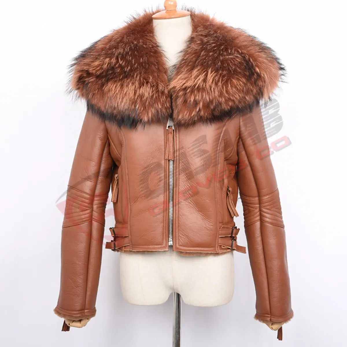 Klassisches Design Damen Pelzkragen Winter Schafsfell Leder Kurzhacken braun Farbe atmungsaktiv Damen Pelzkragen Bikerjacke