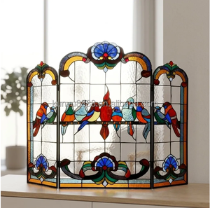 Cathedral Stained Glass Fireplace <b>Screen</b> 3 Panels 10 Sets Bird Design Traditional Decor Rectangle Shape Artistic Decoration - Product Image 1