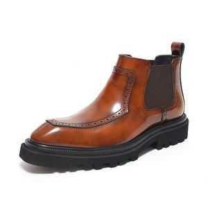 Bottes pour hommes - Bottes à lacets en cuir véritable de style britannique les plus vendues, en cuir verni, à semelle épaisse, avec talon compensé, chaudes - Product Image 1