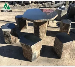Outdoor natural basalt stone table and chairs seats or stools