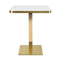 Table de salle à manger carrée de luxe sur mesure en pierre frittée avec base en acier inoxydable doré pour café et restaurant (OEM)