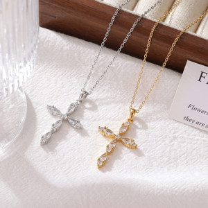 Religious Jewelry Stainless Steel Anti-Tarnish silver & gold cubic zirconia cross pendant necklaces for women - Product Image 1