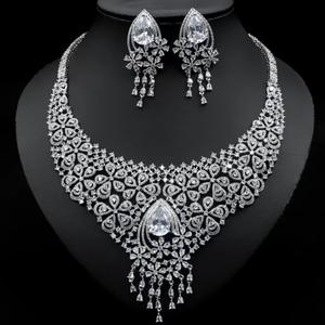 HIBRIDEビッグウォータードロップフラワーシェイプドバイゴールドジュエリーセット女性用キュービックジルコニア2pcsネックレスとイヤリングBijoux N-268 - Product Image 4