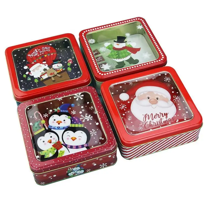 Caja cuadrada de latas de Navidad, caja de regalo de galletas de Santa, lata de regalo