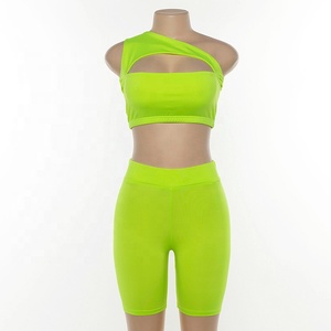 Neon Sexy exposed breasted Top short Yoga 2 Pieces short ropa mujeres de fitness set - Product Image 6