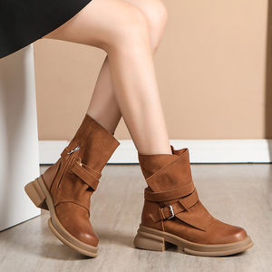 Botines Retro Británicos de Lujo en Color Marrón, Otoño Invierno, Cuero Vacuno, Cierre de Cremallera, Tacón Mediano, Forro de Piel, Talla Grande, Altura Media de Pantorrilla - Product Image 2