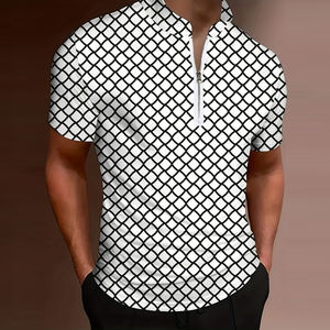 <span class=keywords><strong>Polo</strong></span> Estiva da Uomo con Stampa a Quadri, Mezza Zip, Colletto Rialzato, Manica Corta, Vestibilità Slim, Casual per il Lavoro - Product Image 1