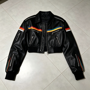 Blouson de <span class=keywords><strong>moto</strong></span> en cuir personnalisé pour <span class=keywords><strong>femme</strong></span>, style rétro, avec rayures colorées, modèle court pour la conduite, OEM - Product Image 1