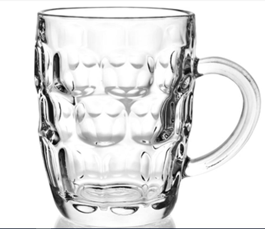 wholesale cheap 550ml clear embossed glass beer mugs with handle