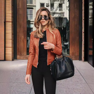 Manteau <span class=keywords><strong>en</strong></span> similicuir uni à col montant - <span class=keywords><strong>Veste</strong></span> <span class=keywords><strong>en</strong></span> PU zippée ajustée pour <span class=keywords><strong>femme</strong></span> pour l'automne et l'hiver - Product Image 5